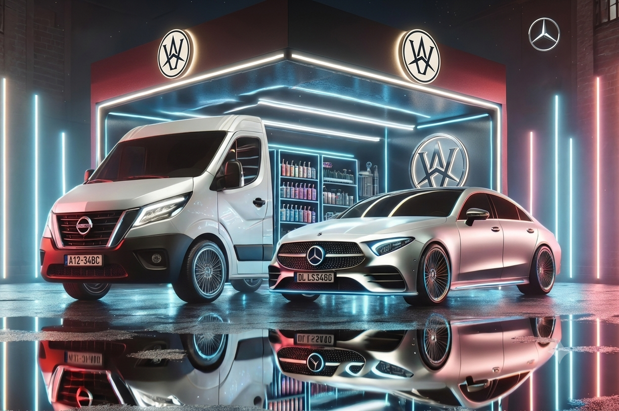 Well Met Auto Care shop with luxury vehicles under neon lights